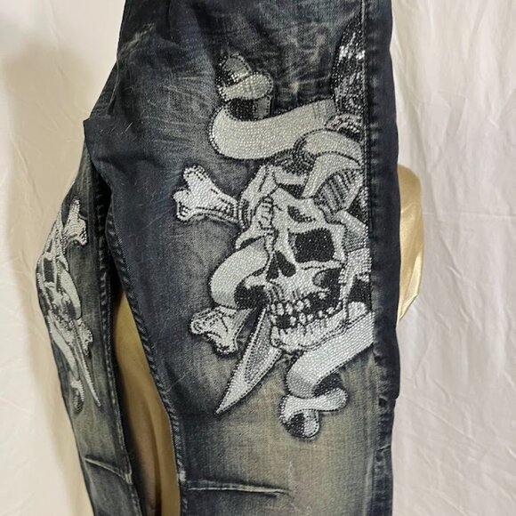 Men's Ed Hardy Swarovski Crystal Skull Jeans - Picture 3 of 7